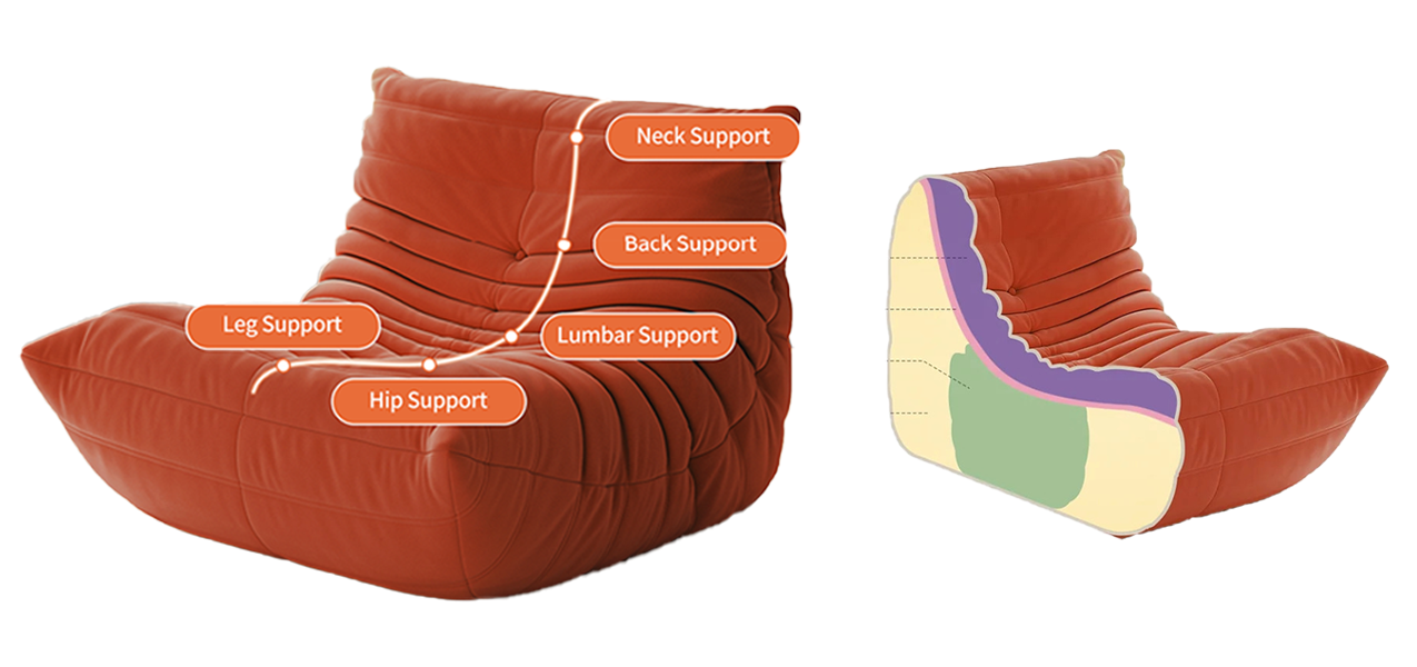 Fireside Togo Chair Chaise Lounge Lazy  sofa for Living Room, Bedroom, Salon, Office, with Red Fabric Cover