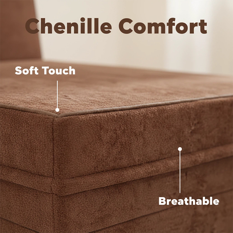 Close-up of durable #5 zipper and soft Chenille fabric on multi-functional foam sofa bed