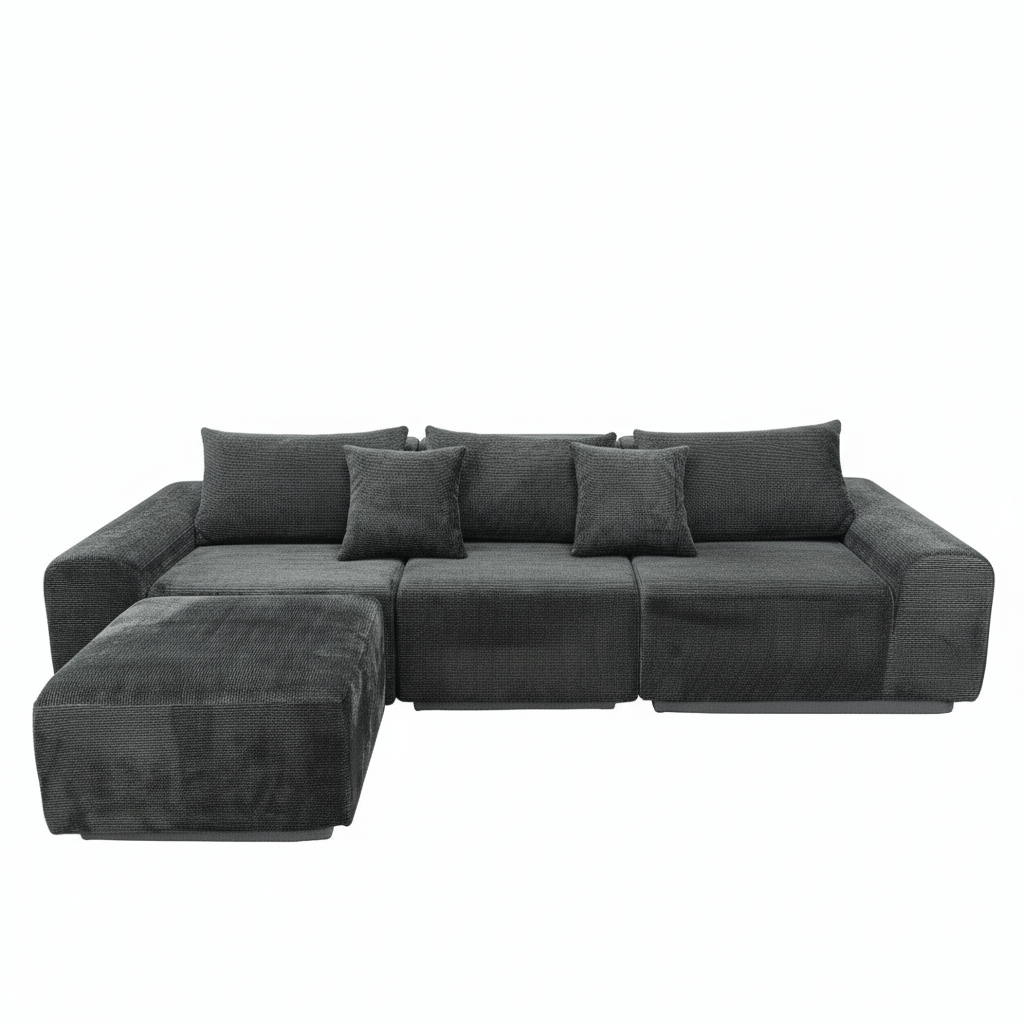 Black modular corduroy sectional sofa with deep seating and square armrests for modern living room