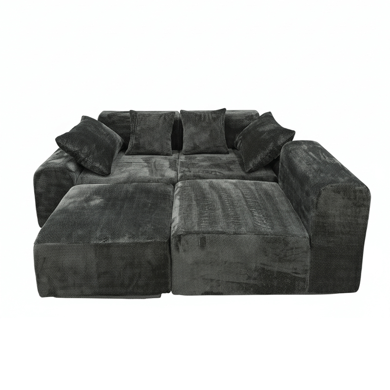 Black modular corduroy sectional sofa with deep seating and square armrests for modern living room