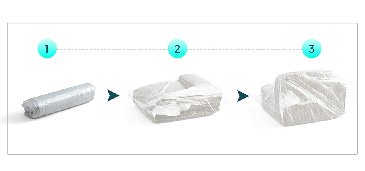nboxing process of a vacuum-packed foldable foam sofa showing the quick recovery from roll-pack to full shape.