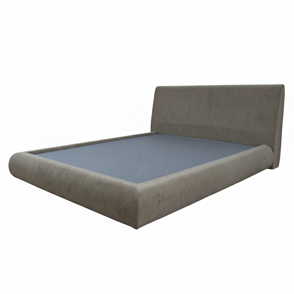 Isometric perspective of a modern grey upholstered bed frame highlighting the seamless fabric finish and reinforced commercial-grade structure
