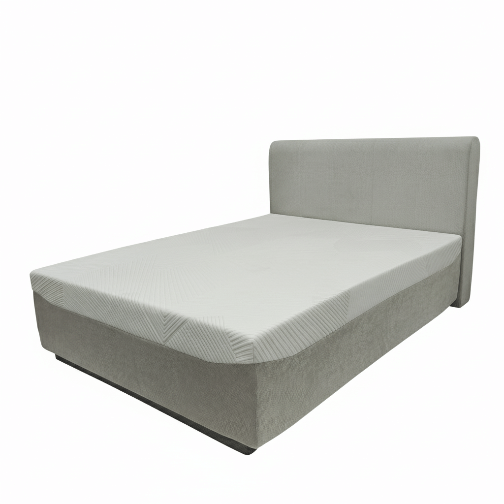 Minimalist all-foam integrated bed base and mattress combo in light grey fabric, showing the seamless upholstered design and ergonomic supportive structure