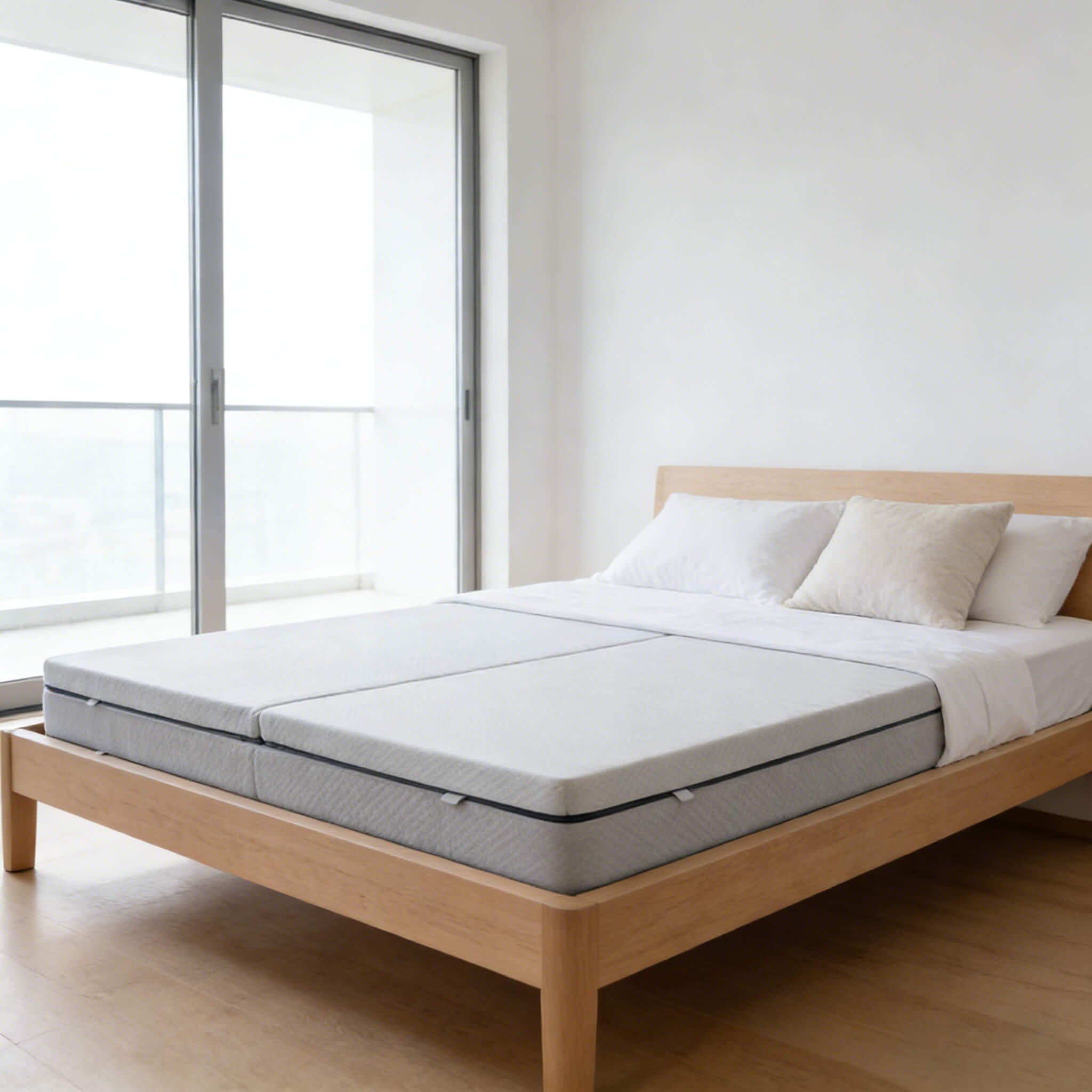 Premium 8cm foldable mattress topper on a wooden bed frame in a bright modern bedroom