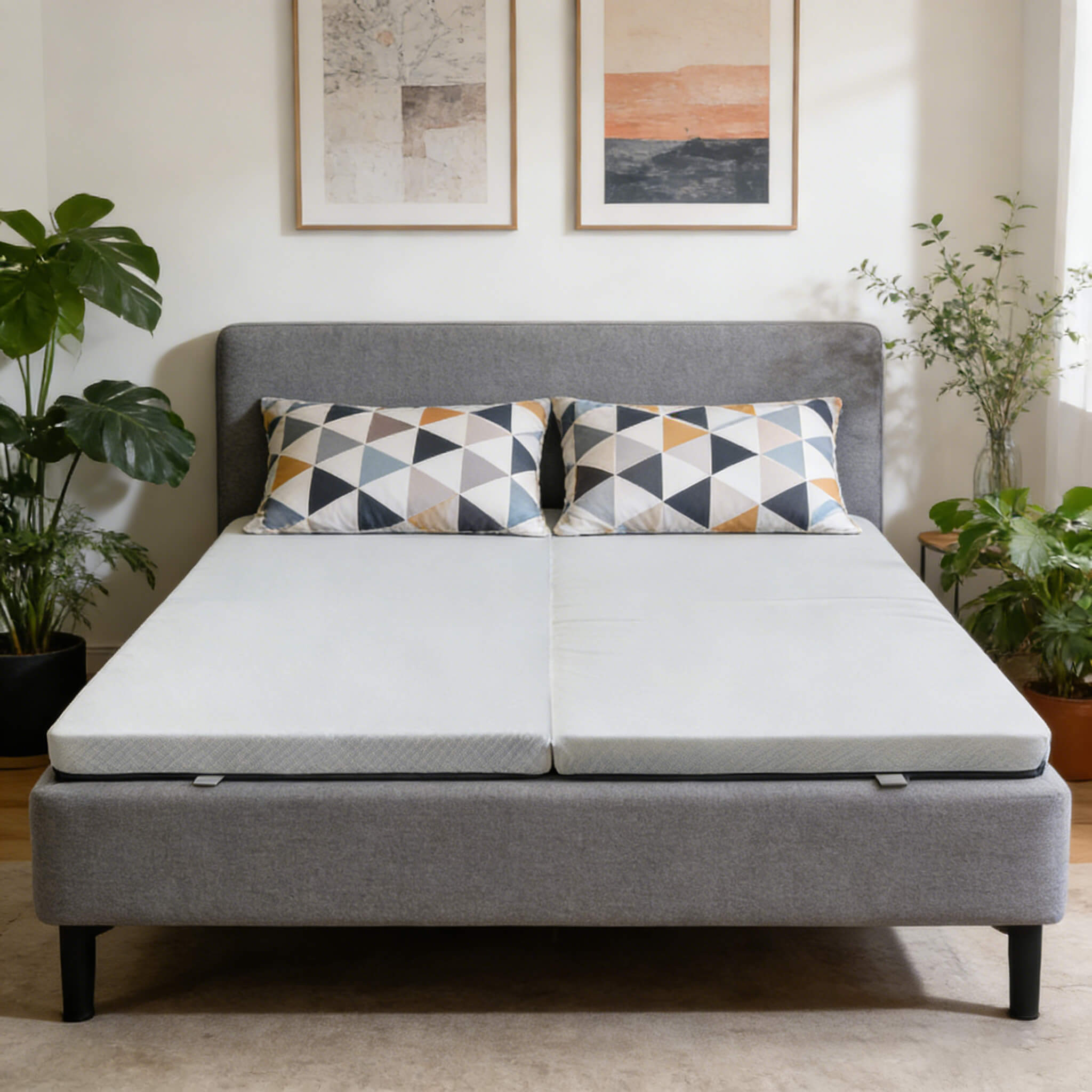Dual-zone mattress topper placed on a grey upholstered bed frame with geometric pillows