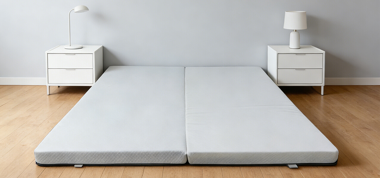 Minimalist bedroom floor setup featuring a foldable mattress topper between two white nightstands