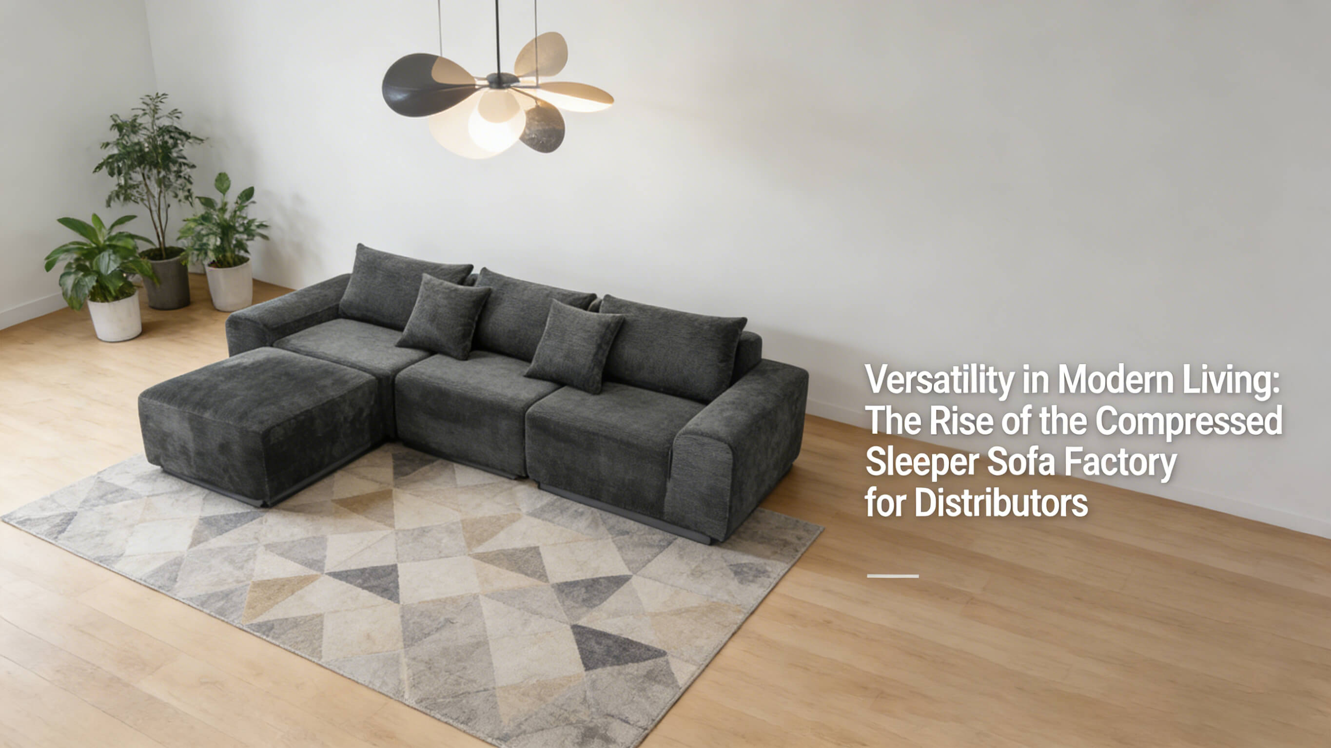 Modern modular sleeper sofa with dark grey fabric in a minimalist living room setting, showcasing innovative foam furniture design for B2B distributors