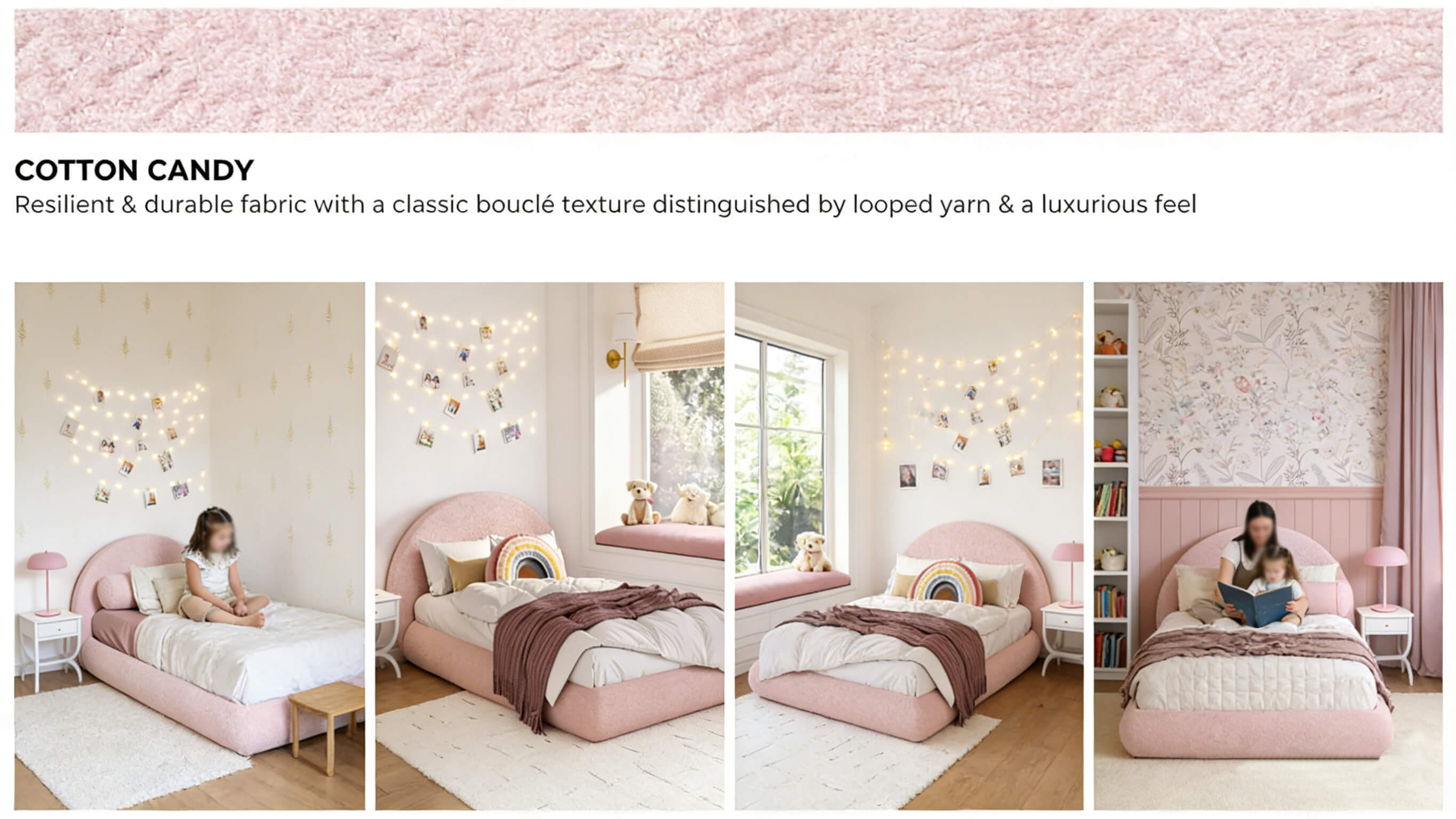 Product showcase of pink upholstered kids bed in various lifestyle settings, highlighting the soft padding and stylish arched headboard for B2B furniture projects
