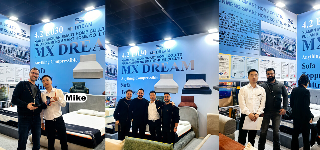 MX DREAM sales manager Mike discussing compressed furniture solutions with international buyers at the 4.2 E030 stand in Cologne