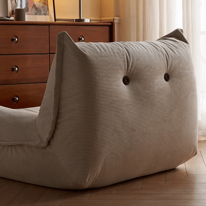 Back details of commercial-grade corduroy sofa, heavy-weight fabric and non-slip design for hotel lounge