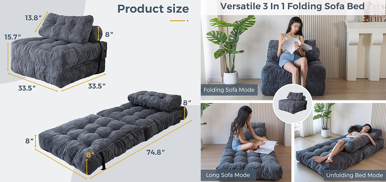 Versatile usage modes: folding sofa, long lounger, and unfolding bed