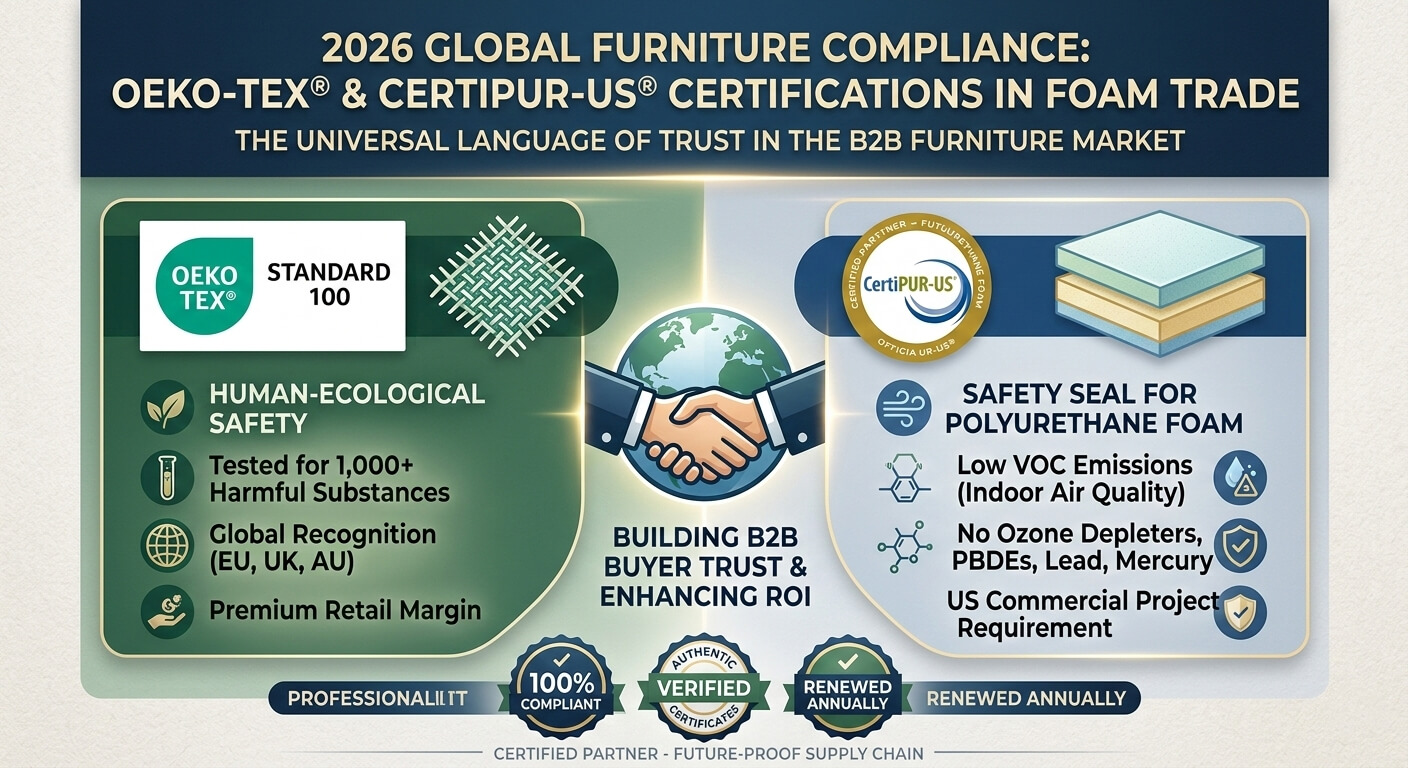 Infographic explaining OEKO-TEX Standard 100 and CertiPUR-US certification requirements for polyurethane foam in the 2026 global furniture market Infographic explaining OEKO-TEX Standard 100 and CertiPUR-US certification requirements for polyurethane foam in the 2026 global furniture market