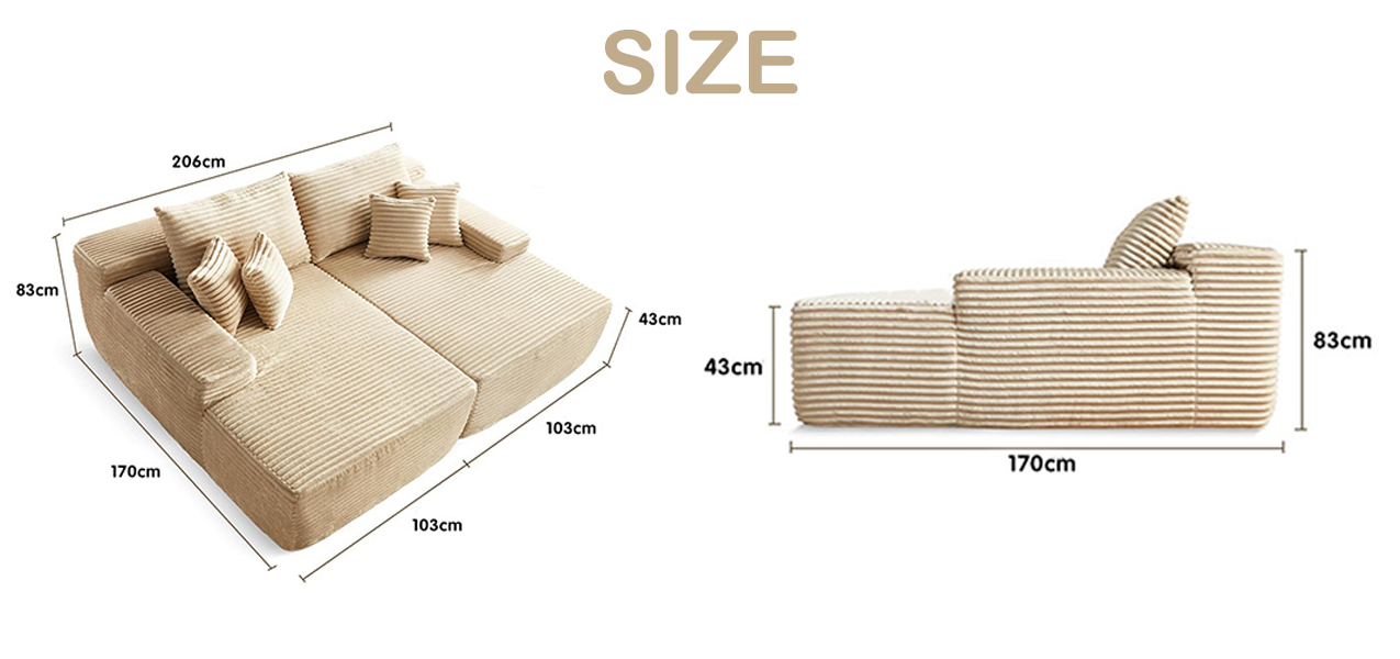 Detailed size chart for MX DREAM modular sofa: 206cm width, 170cm depth, and 43cm seat height