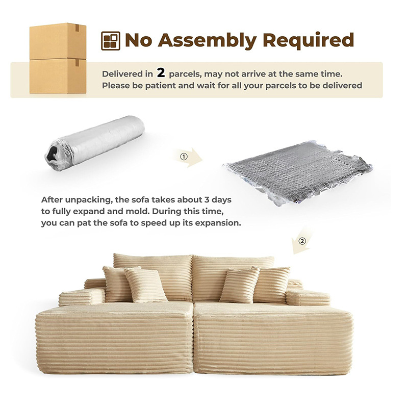 Roll-packed modular sofa with no assembly required, showcasing the process from vacuum compression to full expansion