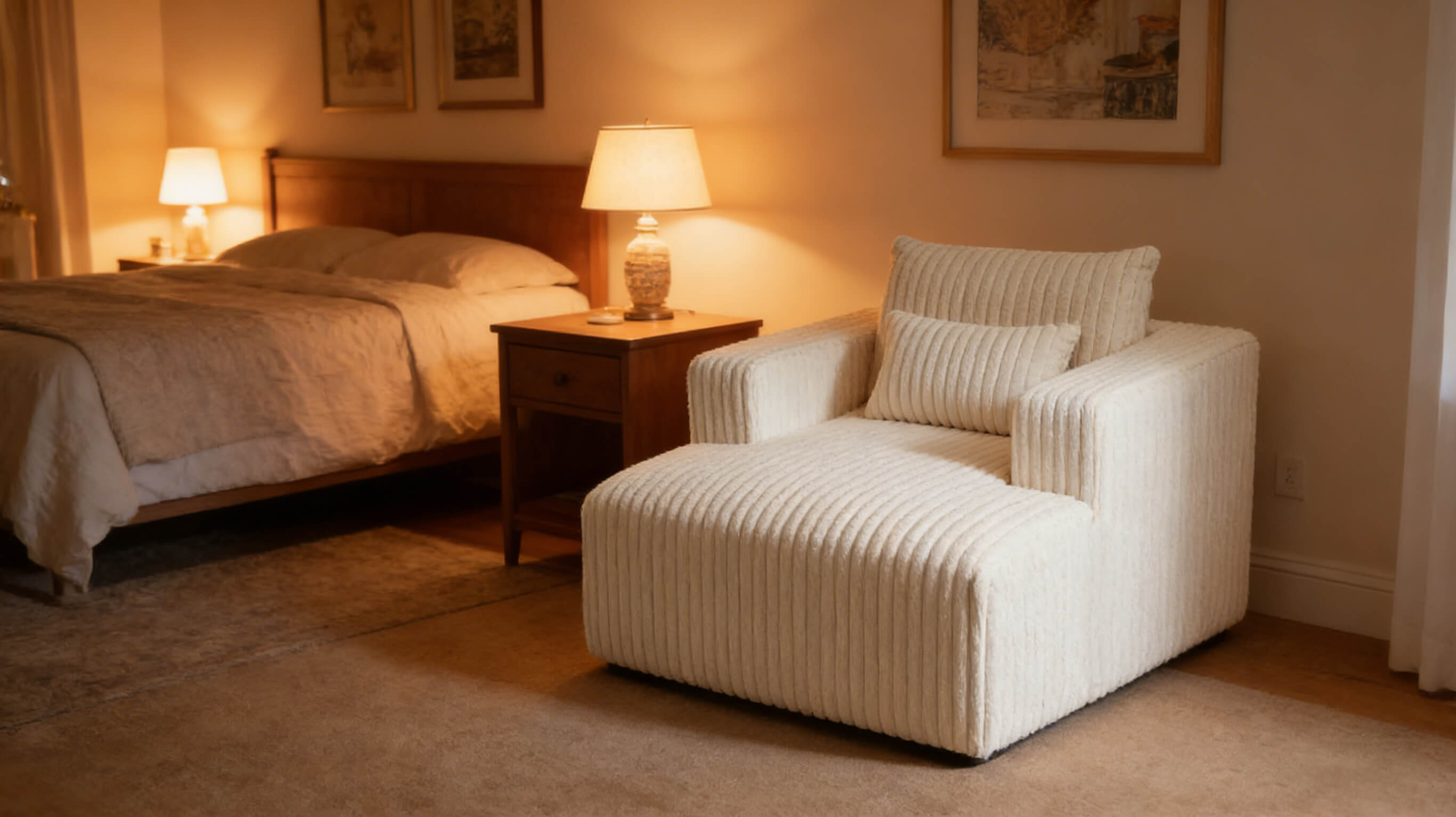 Comfortable corduroy reading chair placed in a cozy bedroom setting under warm lamp lighting Comfortable corduroy reading chair placed in a cozy bedroom setting under warm lamp lighting