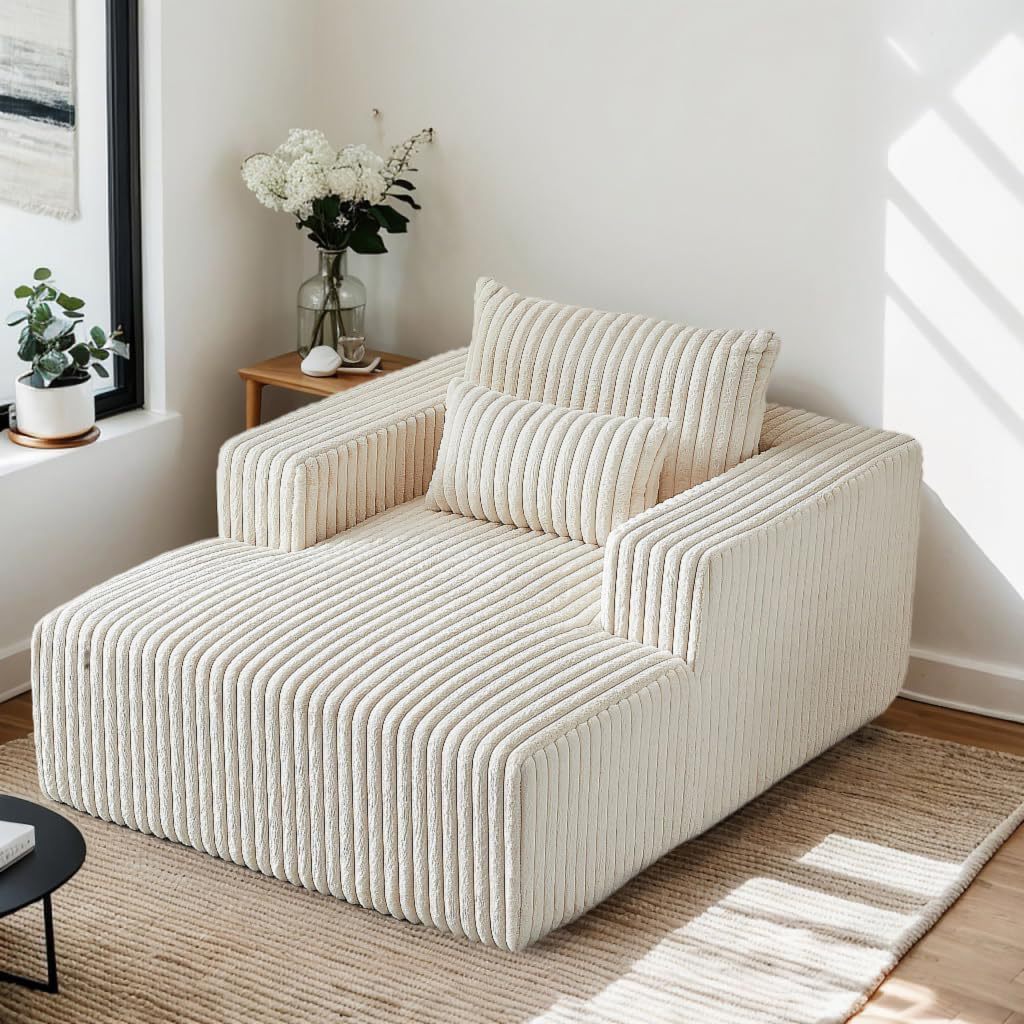 Aesthetic high-density foam single sofa chair with wide-wale corduroy texture and decorative pillow