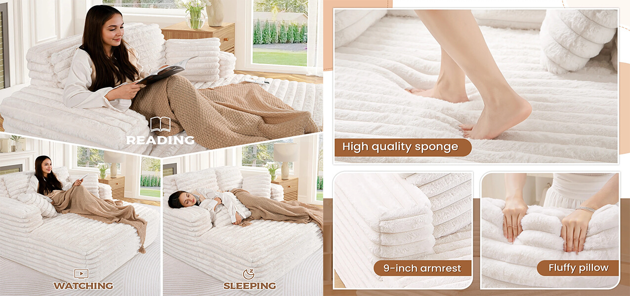 Detailed features of the foam sofa including high-quality sponge, 9-inch armrests, and use cases for reading or sleeping Detailed features of the foam sofa including high-quality sponge, 9-inch armrests, and use cases for reading or sleeping
