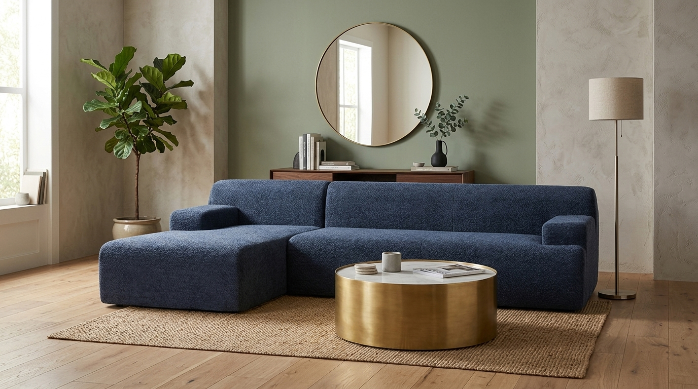 Luxury modern living room interior featuring MX DREAM navy blue textured chenille L-shaped sectional sofa, styled with a round brass marble coffee table, fiddle leaf fig plant, and sage green wall for premium home renovation inspiration. Luxury modern living room interior featuring MX DREAM navy blue textured chenille L-shaped sectional sofa, styled with a round brass marble coffee table, fiddle leaf fig plant, and sage green wall for premium home renovation inspiration.