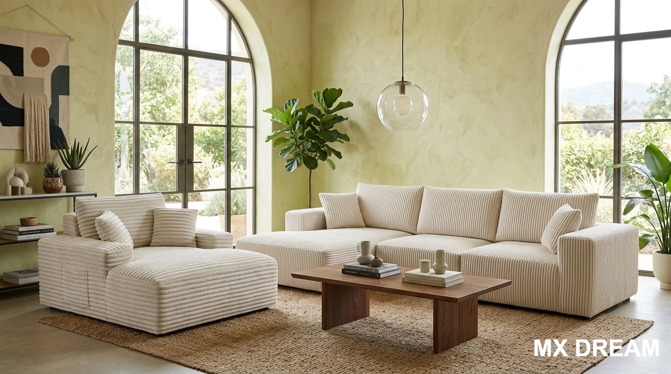 MX DREAM Living Room Display: After vacuum-compressed shipping, our high-density $35kg/m^3$ open-cell foam modules have achieved complete recovery (Recovery rate: 99%), restoring a stylish corduroy modular sofa set. This demonstrates the perfect balance of durability and e-commerce logistics efficiency MX DREAM Living Room Display: After vacuum-compressed shipping, our high-density $35kg/m^3$ open-cell foam modules have achieved complete recovery (Recovery rate: 99%), restoring a stylish corduroy modular sofa set. This demonstrates the perfect balance of durability and e-commerce logistics efficiency