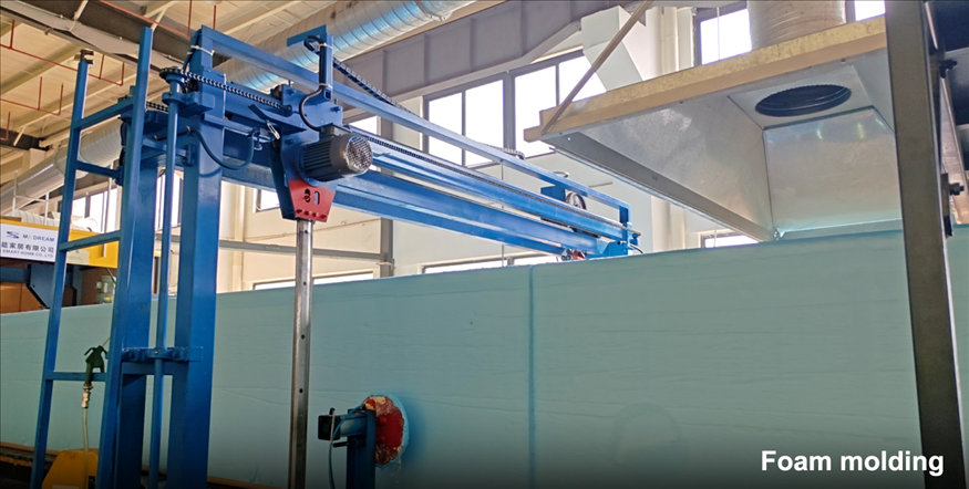 Inner factory view of the in-house foam molding production line for compact sofas. This image illustrates the Inner factory view of the in-house foam molding production line for compact sofas. This image illustrates the