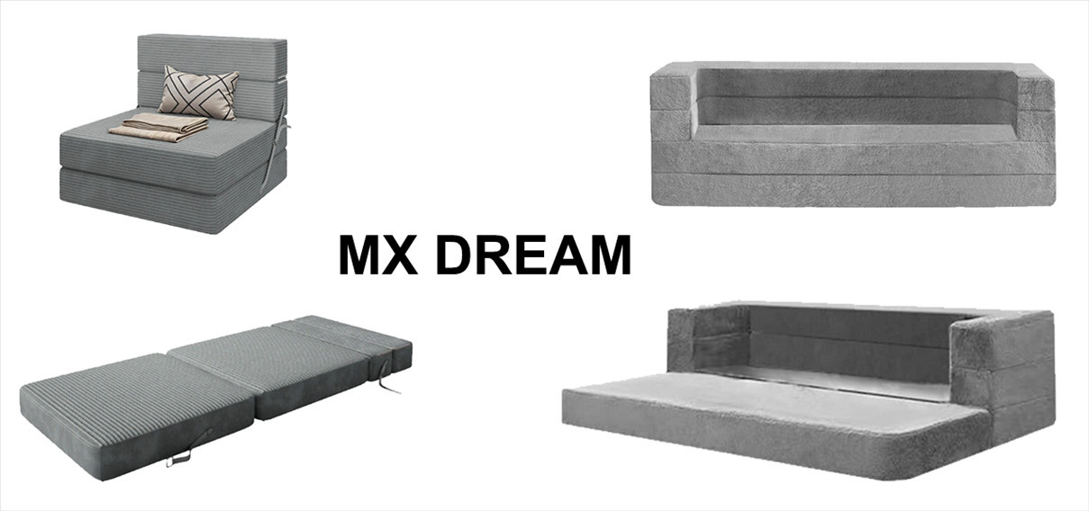 MX DREAM convertible folding sofa bed with high tensile strength foam for anti-tearing durability.