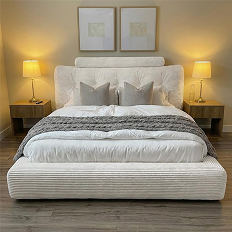 High-end cozy bedroom featuring MX DREAM tufted bed frame with ambient lighting, perfect for boutique hotel inspiration.