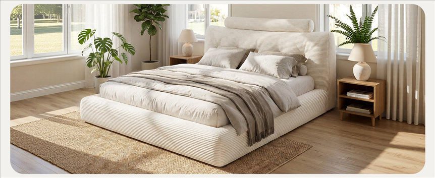 MX DREAM fully upholstered corduroy bed frame in a modern bedroom setting, highlighting a cozy aesthetic for Airbnb and boutique hotel interiors