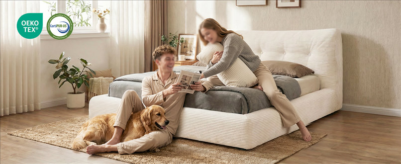 MX DREAM pet-friendly upholstered bed frame featuring OEKO-TEX and CertiPUR-US certified foam, ideal for safe and healthy family or rental living environments