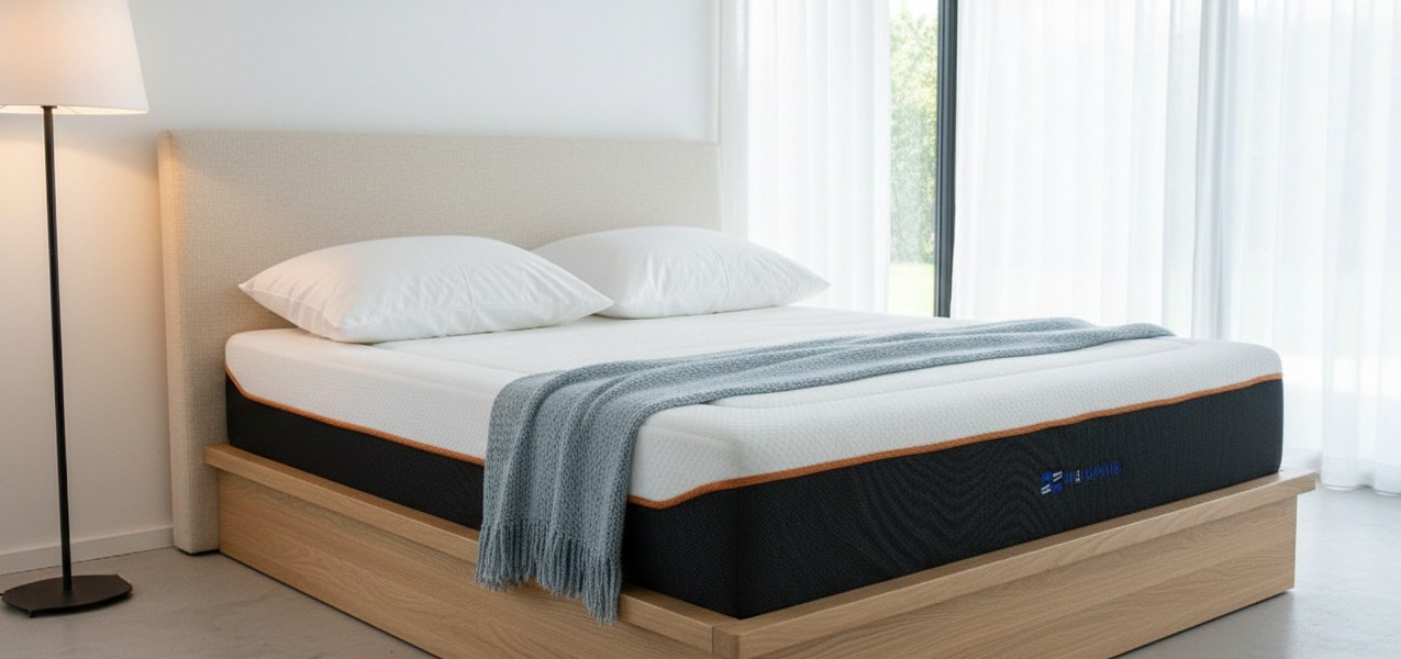Modern ergonomic mattress with a white breathable cover, black side fabric, and orange piping. Vacuum-compressed and roll-packed for 60-90% shipping volume reduction, ideal for e-commerce distribution