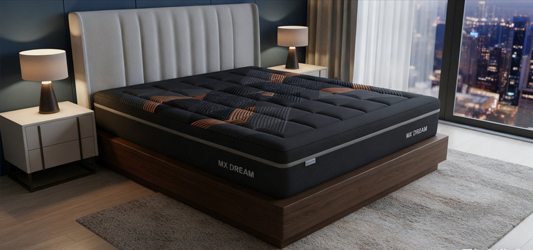 Modern ergonomic mattress with a white breathable cover, black side fabric, and orange piping. Vacuum-compressed and roll-packed for 60-90% shipping volume reduction, ideal for e-commerce distribution