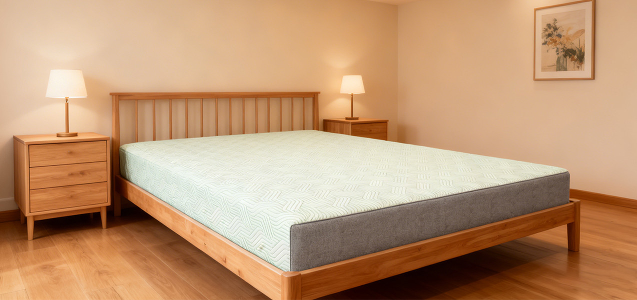MX DREAM thin memory foam mattress featuring a light green geometric wave pattern knitted fabric and grey side panels. Professional roll-pack furniture solution for apartment projects and B2B wholesale