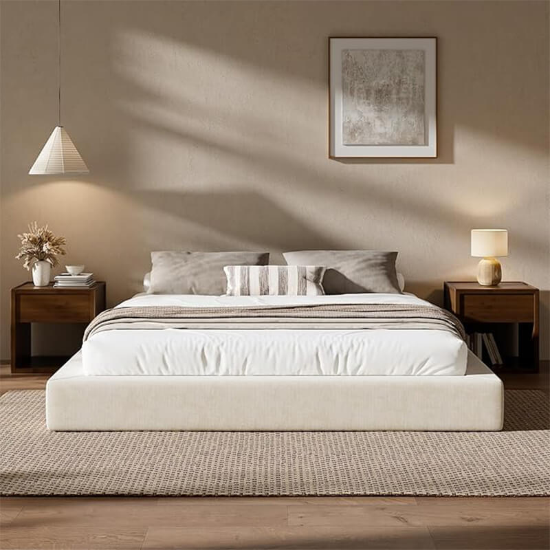 Luxury low profile cushioned bed frame for bedroom interior design