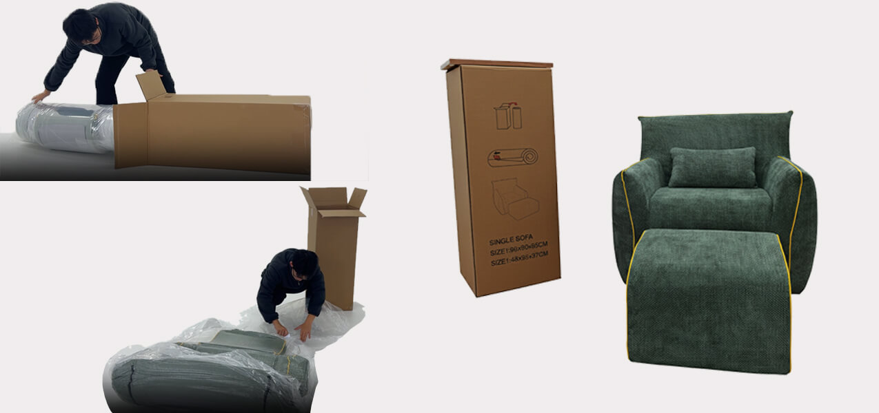 Unboxing process of an MX DREAM single sofa, showing the compressed furniture being removed from a compact shipping box