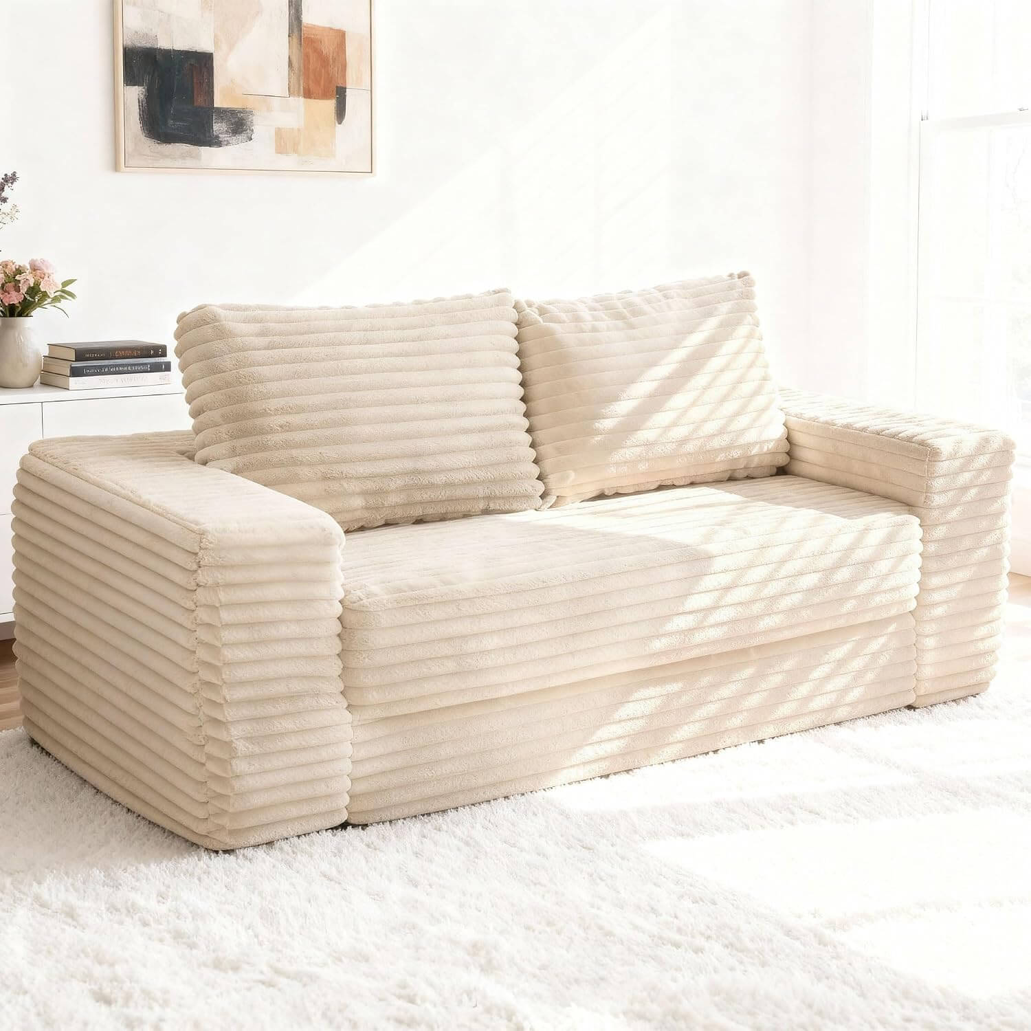 A detailed view of the MX DREAM beige modular corduroy loveseat sofa bed with two cushions in a modern living room setting