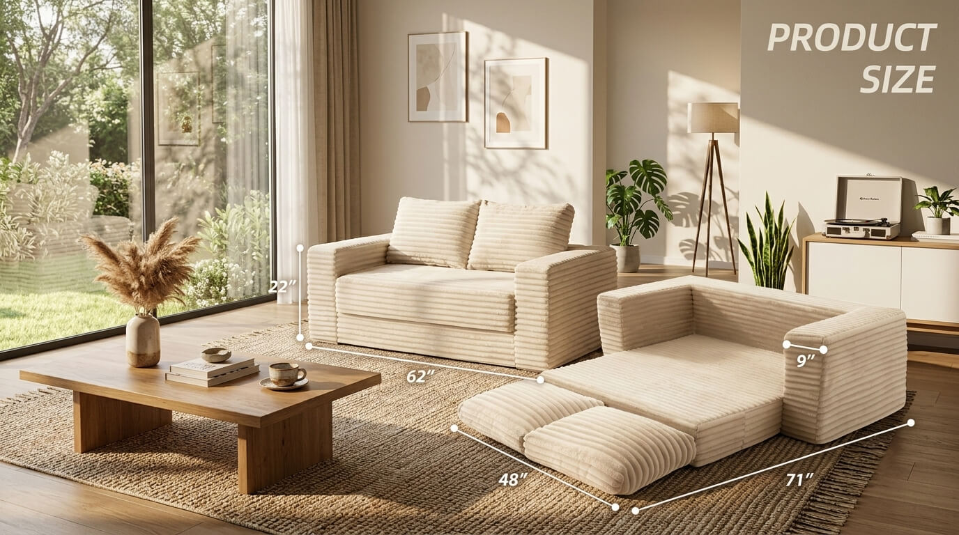 MX DREAM product size overview of the modular convertible corduroy sofa bed, highlighting dimensions for sofa mode, bed mode, and modular components