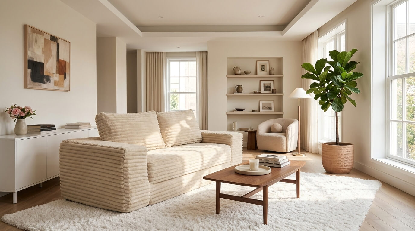 The MX DREAM 4-in-1 modular corduroy sofa bed perfectly placed in a bright, modern living room, styled as a comfortable loveseat