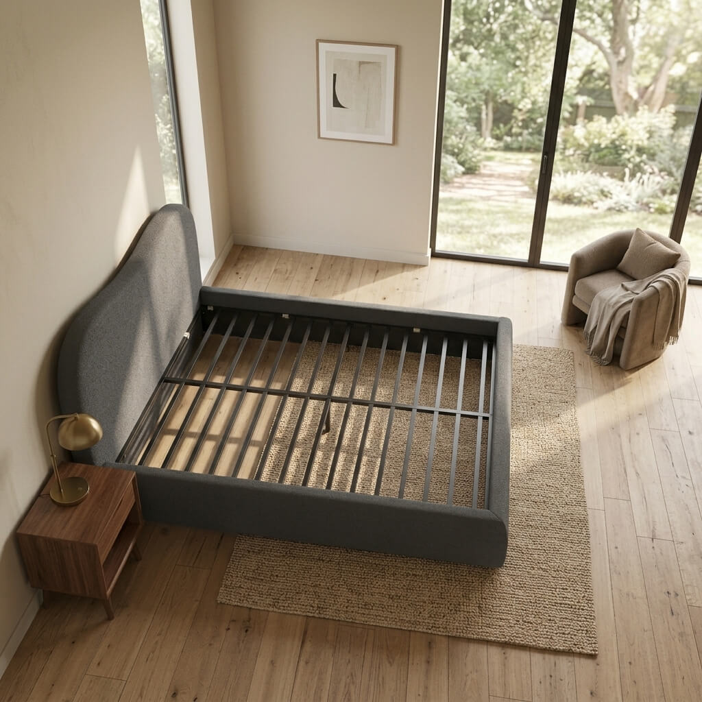 dark-grey-boucle-wave-bed-frame-overhead-view