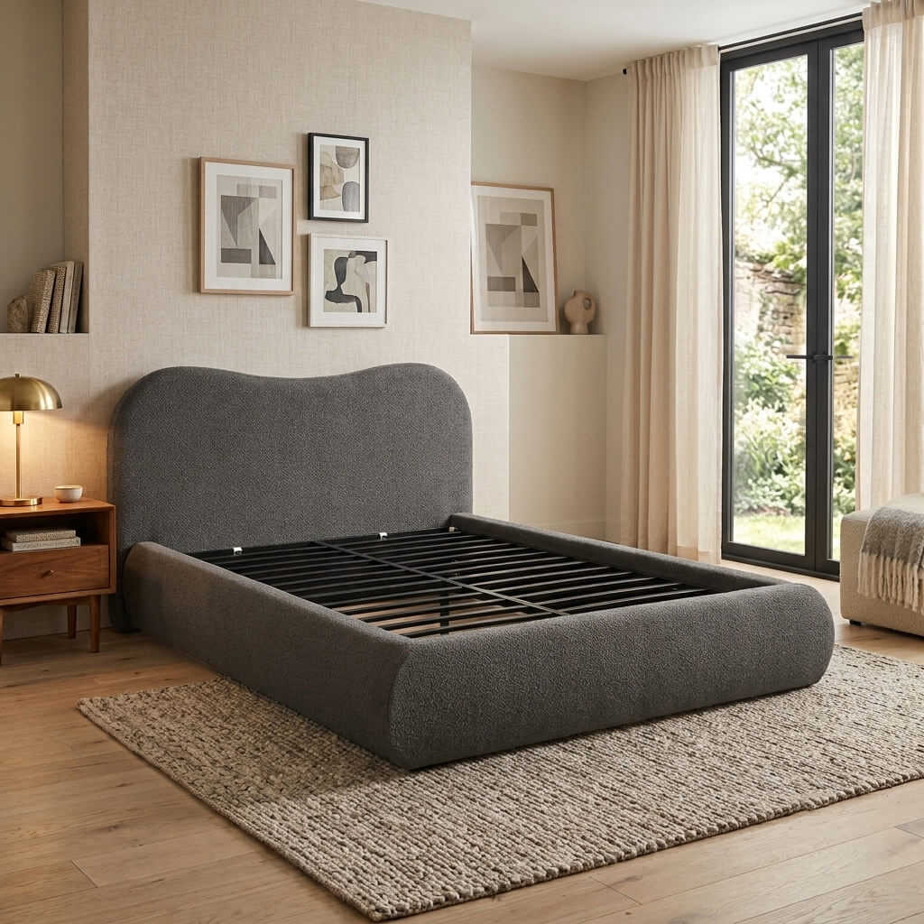 Modern Curved Bouclé Platform Bed Frame – Flat-Pack Single Box Upholstered Bed with Heavy-Duty Steel Frame