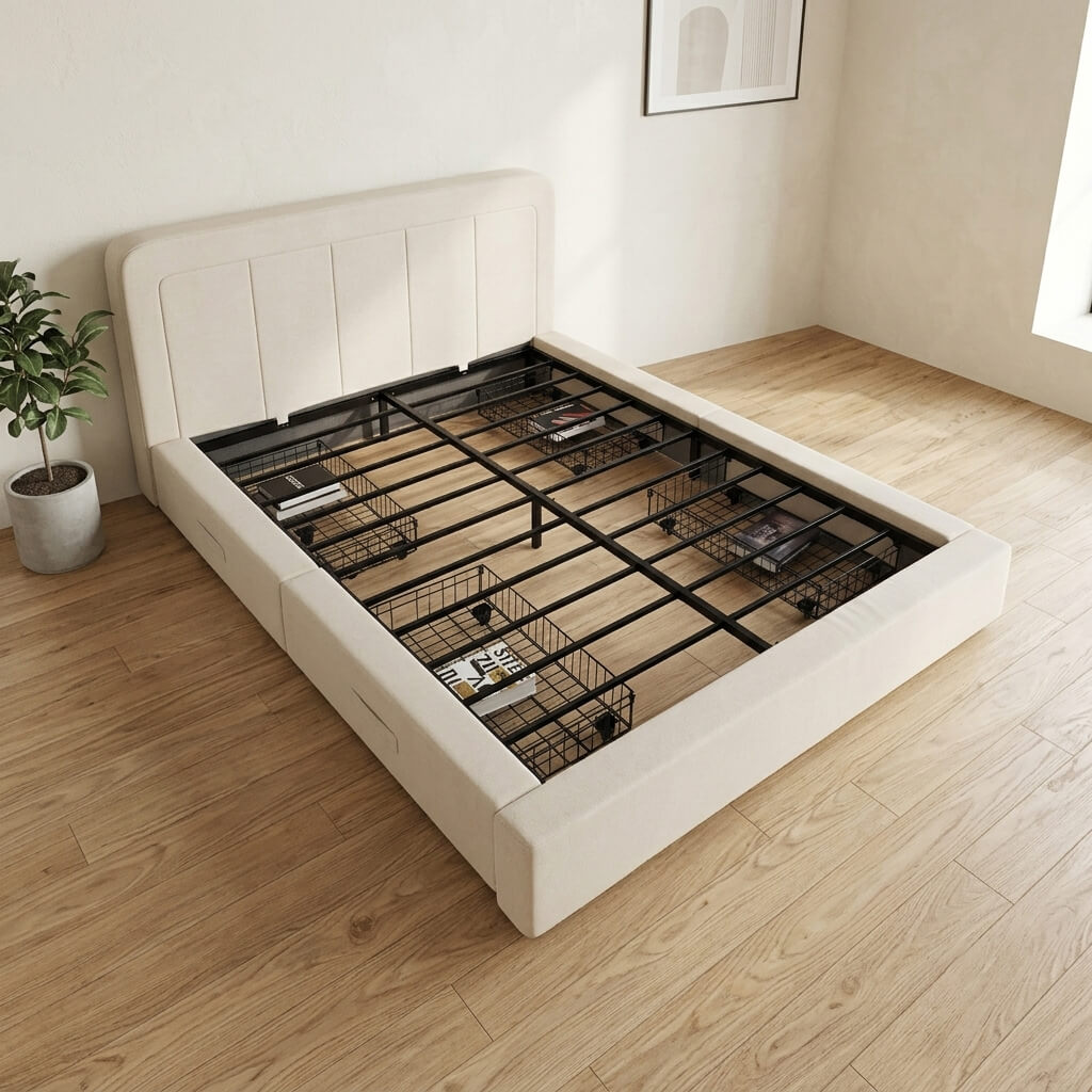Modern Fabric Upholstered Storage Bed Frame | KD Knock‑Down Metal Slat Base with Rolling Metal‑Wire Storage Drawers